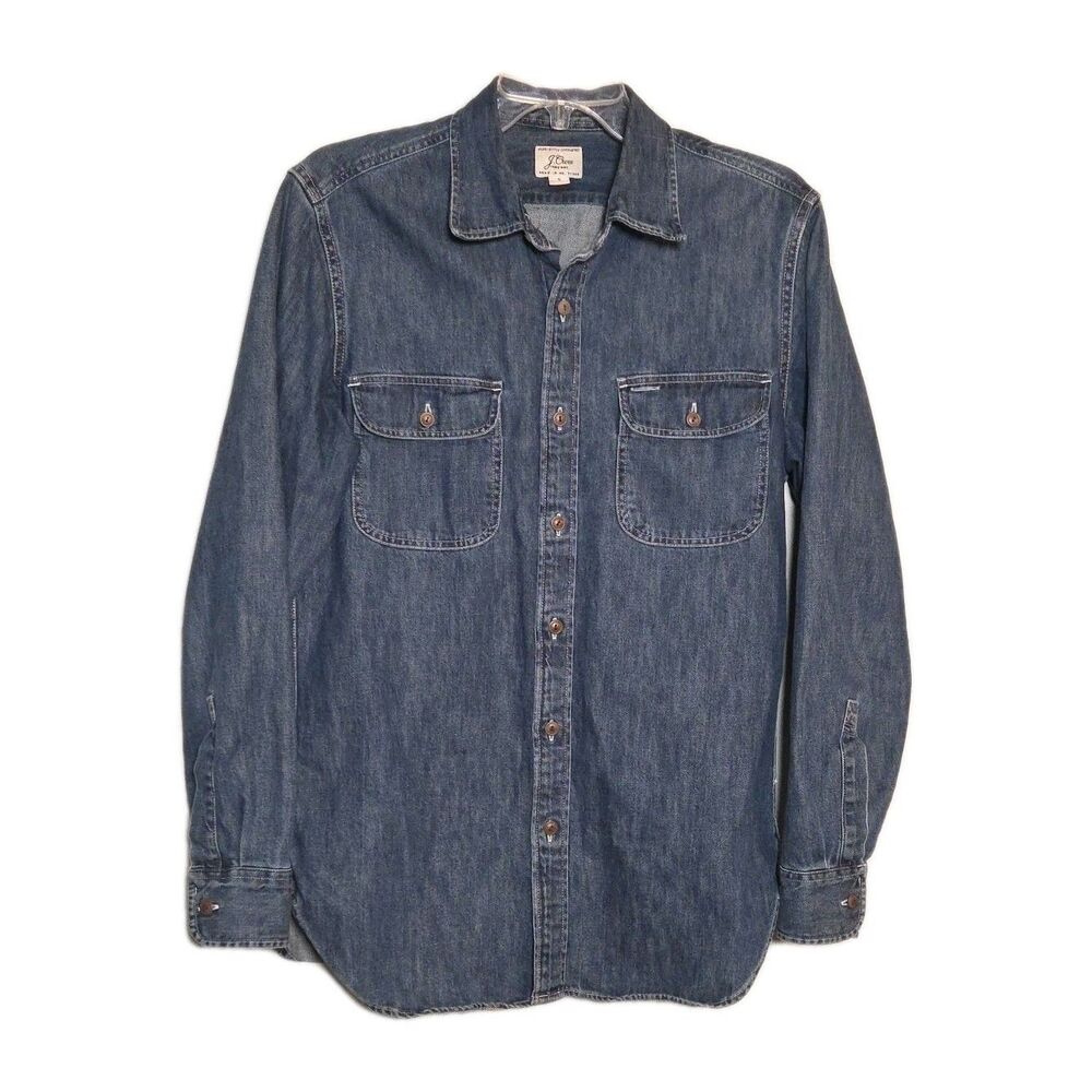 J Crew Denim Shirt Mens Sz S Medium Wash Utility Work Shirt All Cotton Midweight
